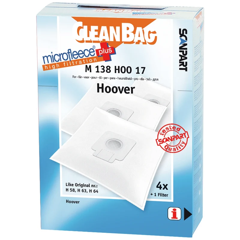 CLEANBAG M138HOO-17 - 4 Sacs d´aspirateur - 1 Microfiltre - adapté pour Hoover H58 | H63 | H64