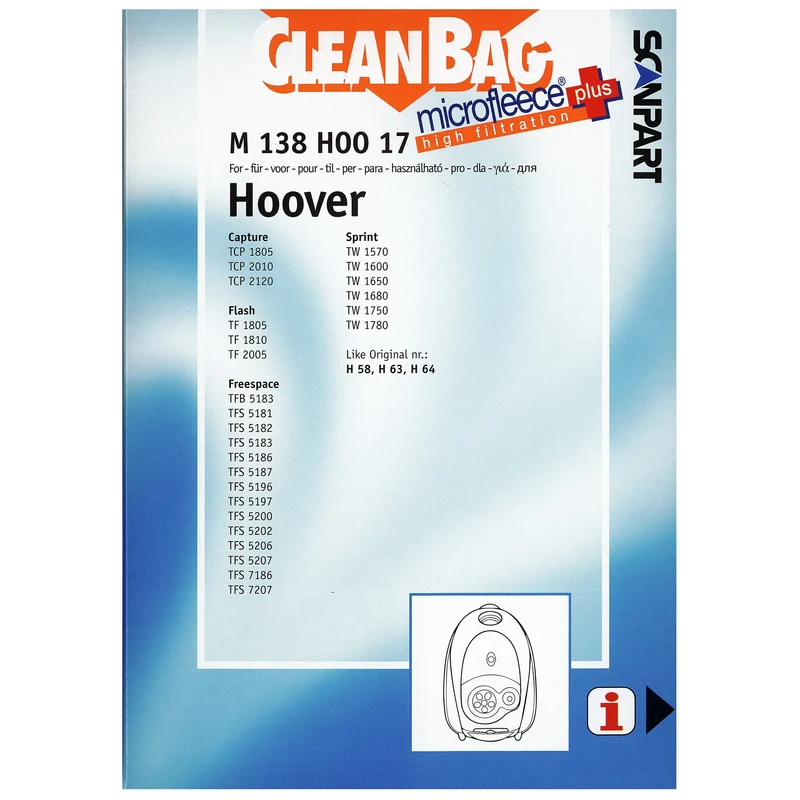 CLEANBAG M138HOO-17 - 4 Sacs d´aspirateur - 1 Microfiltre - adapté pour Hoover H58 | H63 | H64