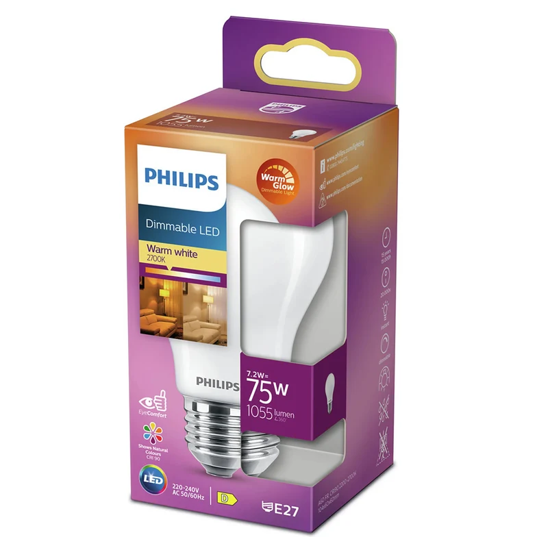 PHILIPS - Light Bulb - E27 - 60 W - 1055 Lumen - 2200 K - 2700 K - Frosted - Bulb - Warm Glow