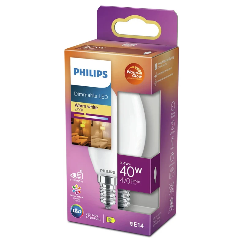 PHILIPS - Light Bulb - E14 - 40 W - 470 Lumen - 2200 K - 2700 K - Frosted - Candle - Warm Glow