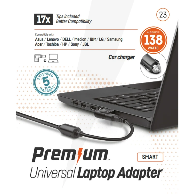 PREMIUM - Chargeur pour ordinateur portable - Pour la voiture - Avec 17 connexions différentes - 138 W