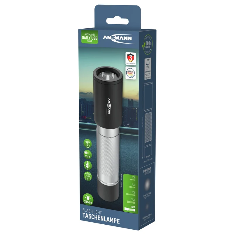 ANSMANN - Lampe torche - 300B - 315 lumens - Noir + Argent - 1 pile C