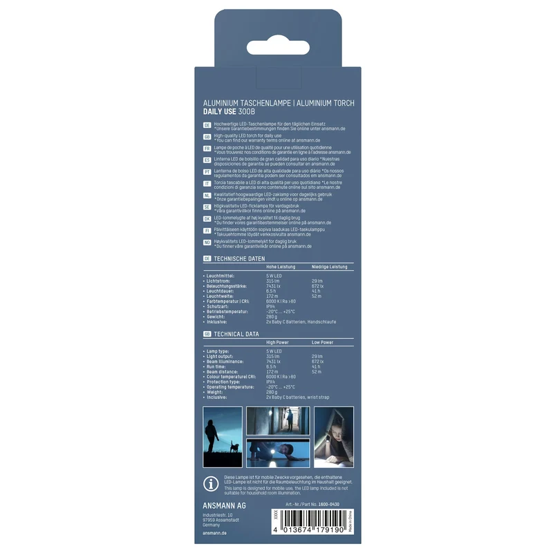 ANSMANN - Lampe torche - 300B - 315 lumens - Noir + Argent - 1 pile C