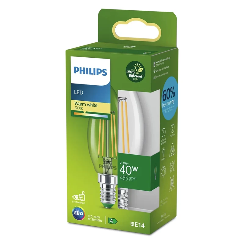 PHILIPS - Light Bulb - E14 - 40 W - 485 Lumen - 2700 K - Bright - Candle
