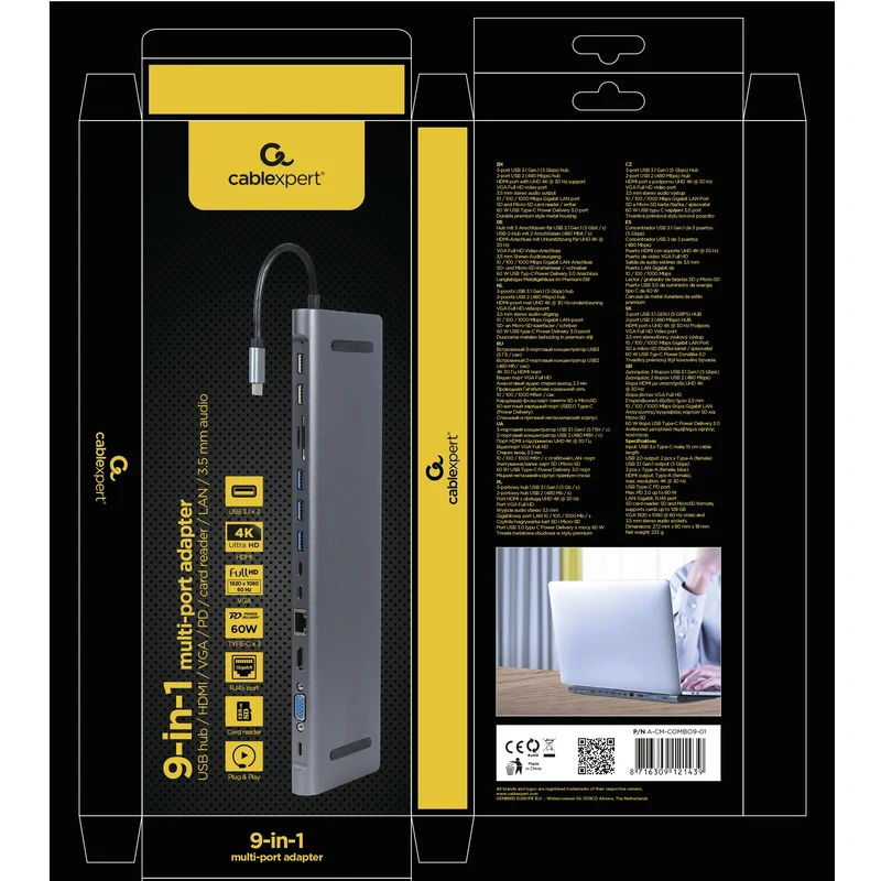 CABLEXPERT - Station d'accueil - USB 3.1|4K|60Hz|Ultra HD|Full HD|60Hz|PD USB-C (Mâle) - 5 x USB-A (Femelle) + HDMI (Femelle) + 2 x USB-C (Femelle) PD + VGA + Micro-SD + SD + RJ45 - 0,15 m
