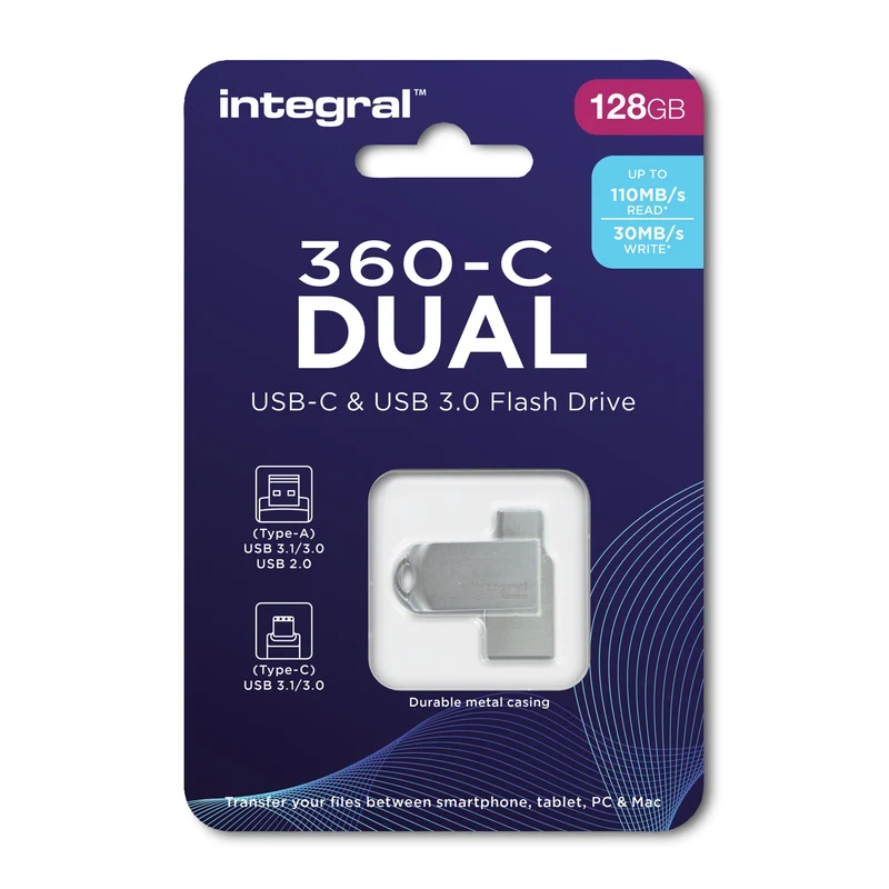 INTEGRAL - Clé USB - 128 GB - Argent - USB-A 3.1/3.0 + USB-C 3.1/3.0