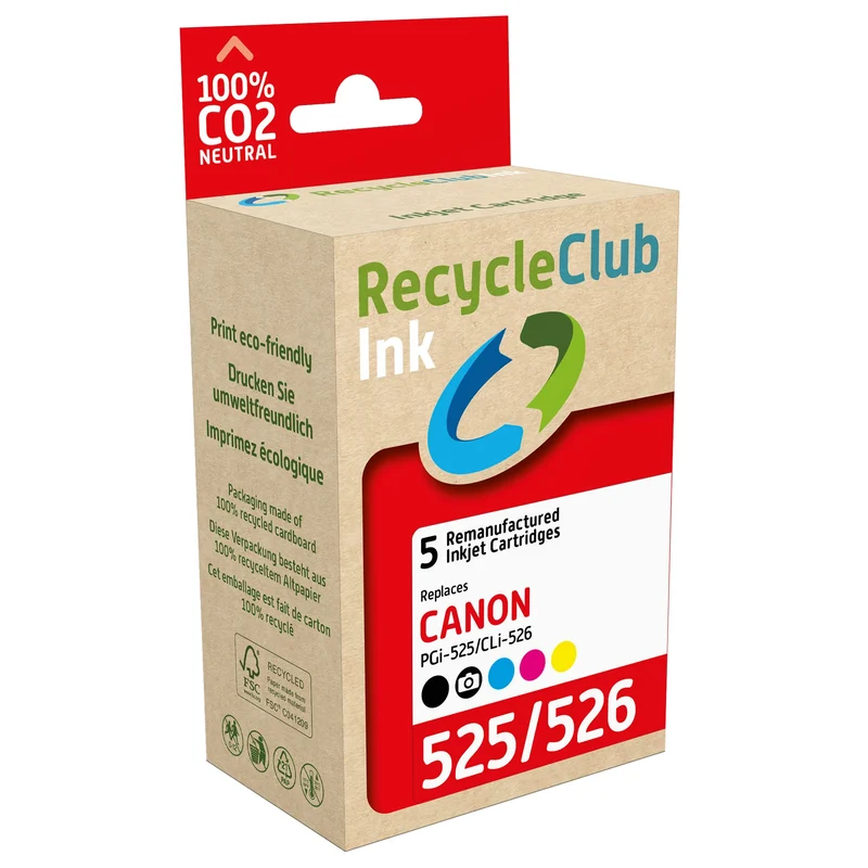 RECYCLECLUB Cartouche d'encre PGI-525 | CLI-526 - Multipack - Noir + Bleu + Rouge + Jaune - Remplace Canon