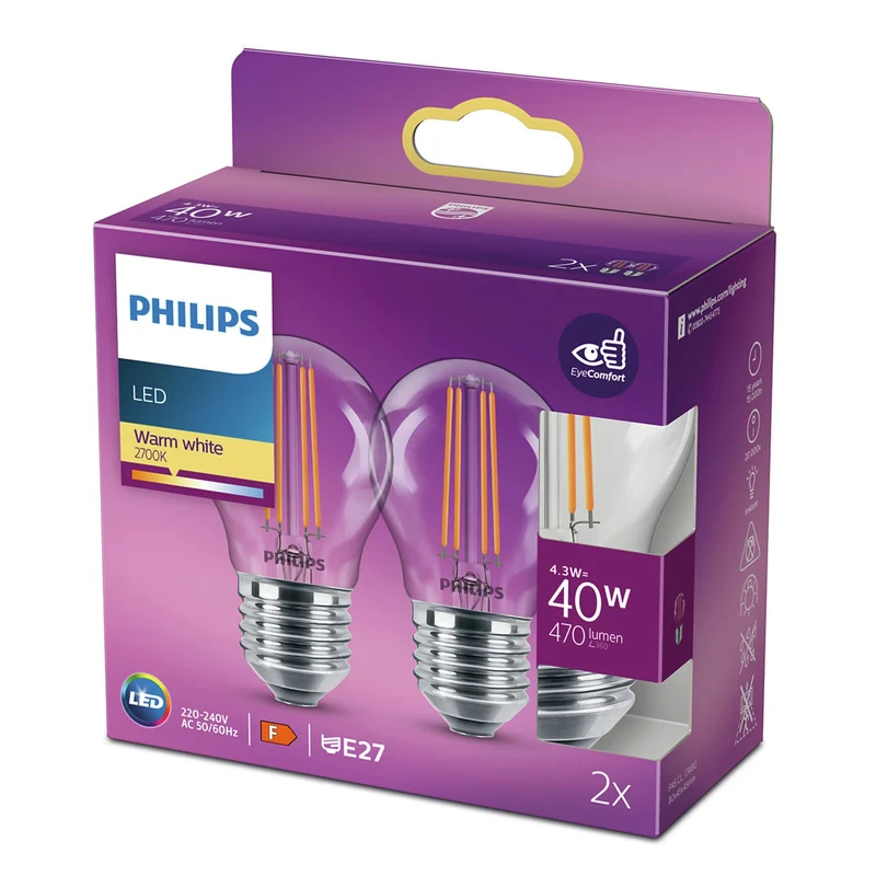 PHILIPS - Light Bulb - E27 - 40 W - 470 Lumen - 2700 K - Bright - Bulb - Duo Pack