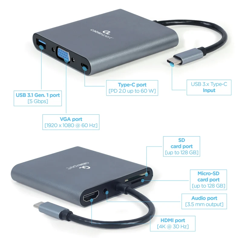 CABLEXPERT - Station d'accueil - USB 3.1|4K|60Hz|Ultra HD|Full HD|60Hz|PD USB-C (Mâle) - USB-A (Femelle) + HDMI (Femelle) + USB-C (Femelle) PD + VGA + Micro-SD + SD + 3.5 mm Jack - 0,15 m