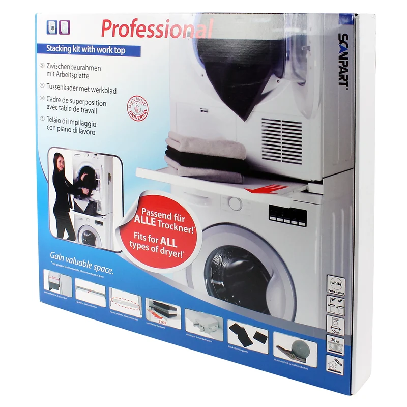 SCANPART - Kit de superposition lave linge seche linge - Professional - Avec plan de travail - Également pour les sèche-linge à pompe à chaleur - Sangle de tension incluse