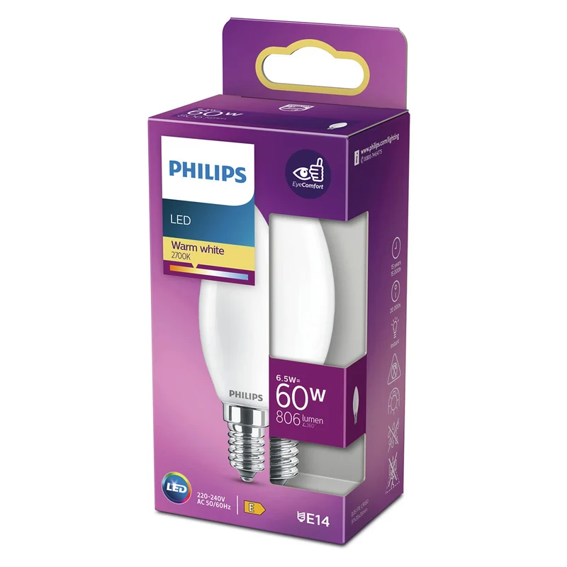 PHILIPS - Light Bulb - E14 - 60 W - 806 Lumen - 2700 K - Frosted - Candle