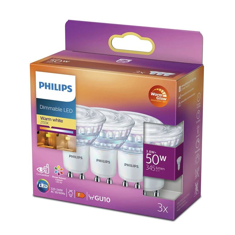 PHILIPS - Reflector Spot - GU10 - 50 W - 345 Lumen - 2200 K - 2700 K - Bright - Reflector Spot - Multi Pack - Warm Glow