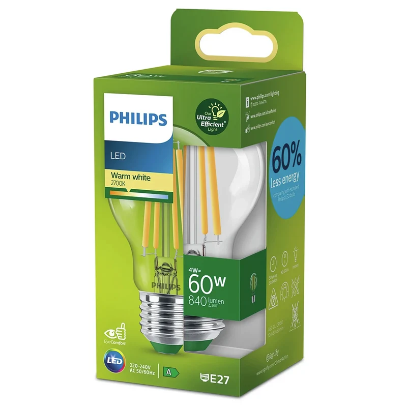 PHILIPS - Light Bulb - E27 - 60 W - 840 Lumen - 2700 K - Bright - Bulb