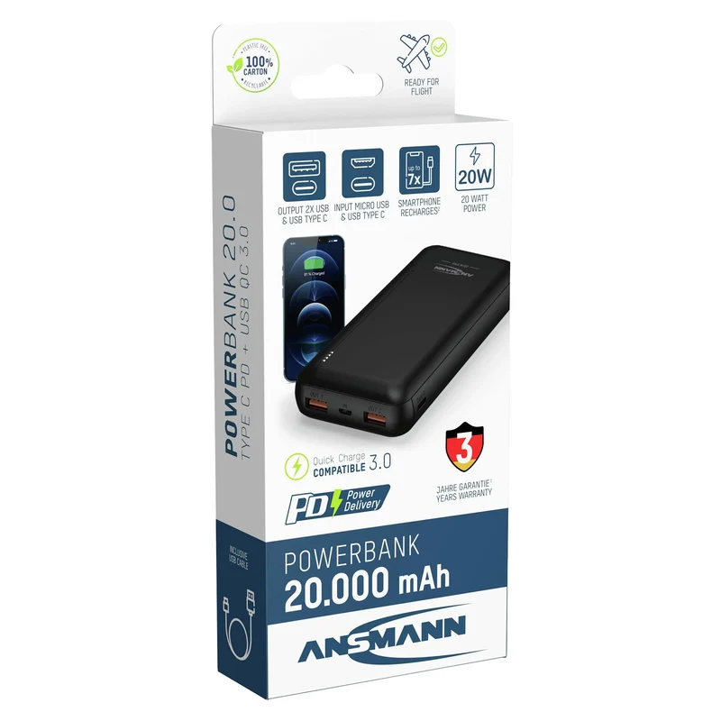 ANSMANN - Banque de puissance - PB320PD - Noir - 20000mAh - 1x USB-C|2x USB-A (F)