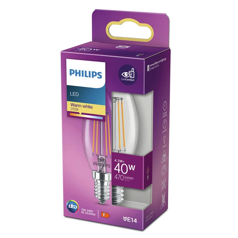 PHILIPS - Light Bulb - E14 - 40 W - 470 Lumen - 2700 K - Bright - Candle