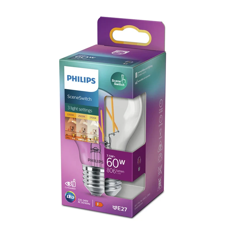 PHILIPS - Light Bulb - E27 - 60 W - 806 Lumen - 2200 K - 2700 K - Bright - Bulb - Dimmable