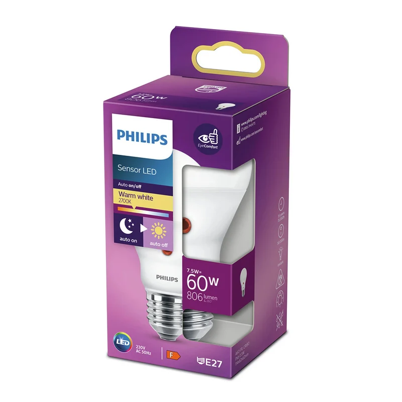 PHILIPS - Sensor Led - E27 - 60 W - 806 Lumen - 2700 K - Frosted - Bulb - Day - Night Switch
