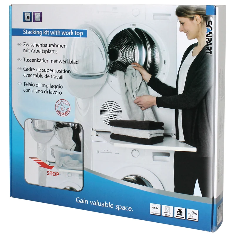 SCANPART - Kit de superposition lave linge seche linge - Avec plan de travail - Blanc - Sangle de tension non incluse