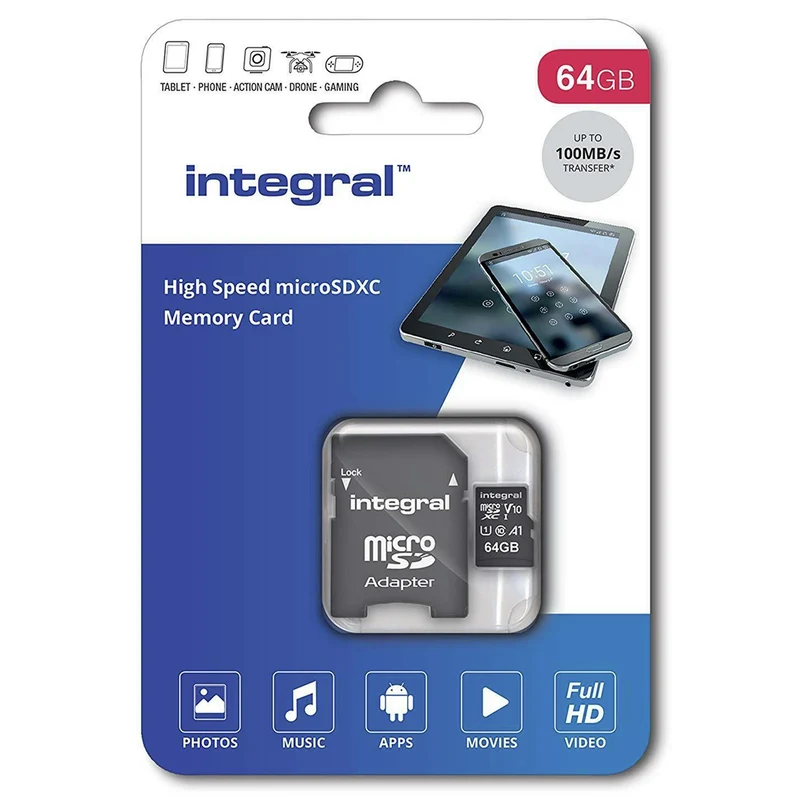 INTEGRAL - Carte mémoire microSD - 64 GB - SDXC - V10 - Avec adapteur microSD