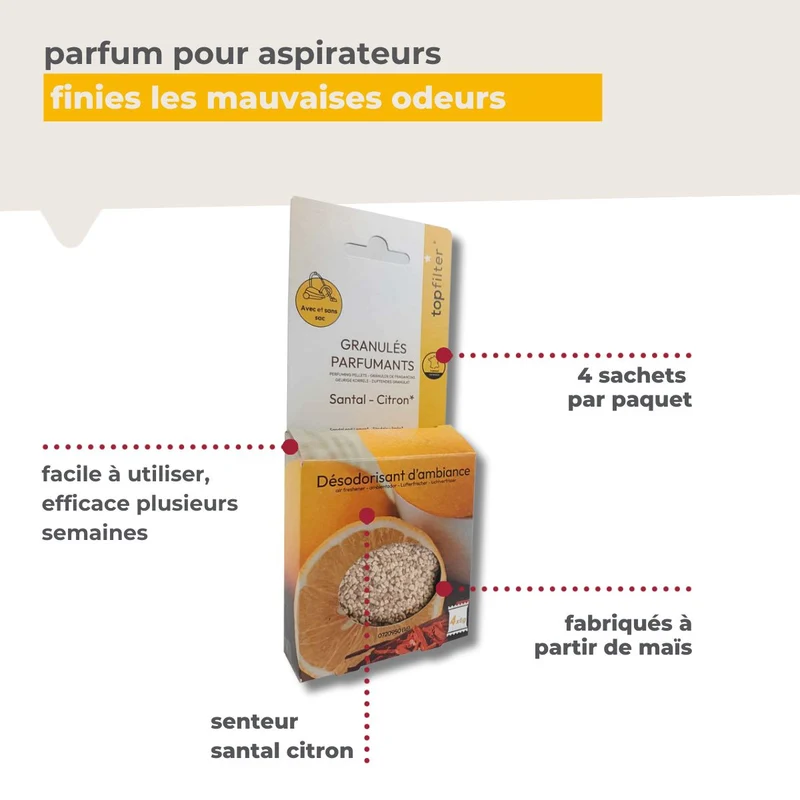 4 Sachets de granulés parfumés pour aspirateur senteur santal citron TopFilter
