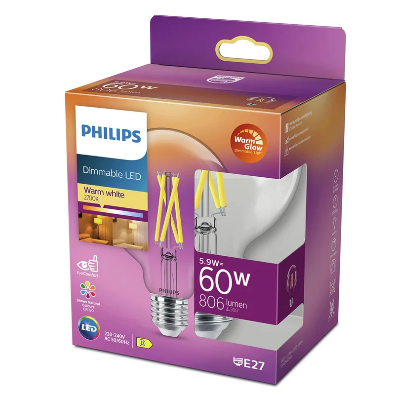 PHILIPS - Light Bulb - E27 - 60 W - 806 Lumen - 2200 K - 2700 K - Bright - Bulb big - Warm Glow