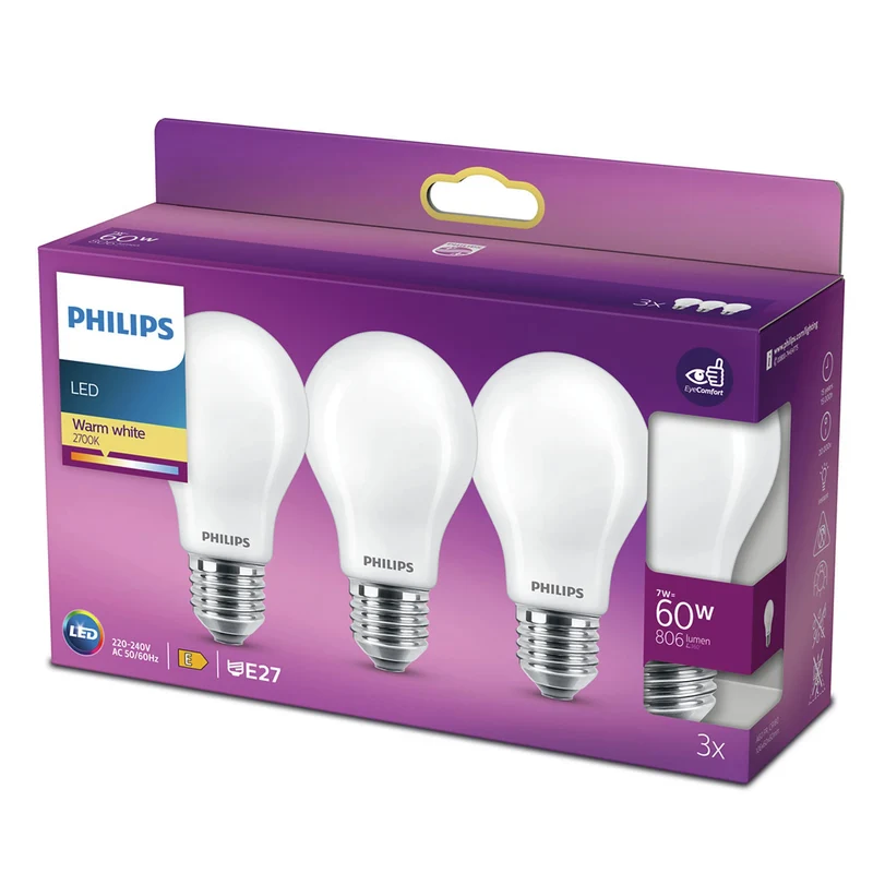 PHILIPS - Light Bulb - E27 - 60 W - 806 Lumen - 2700 K - Frosted - Bulb - Multipack