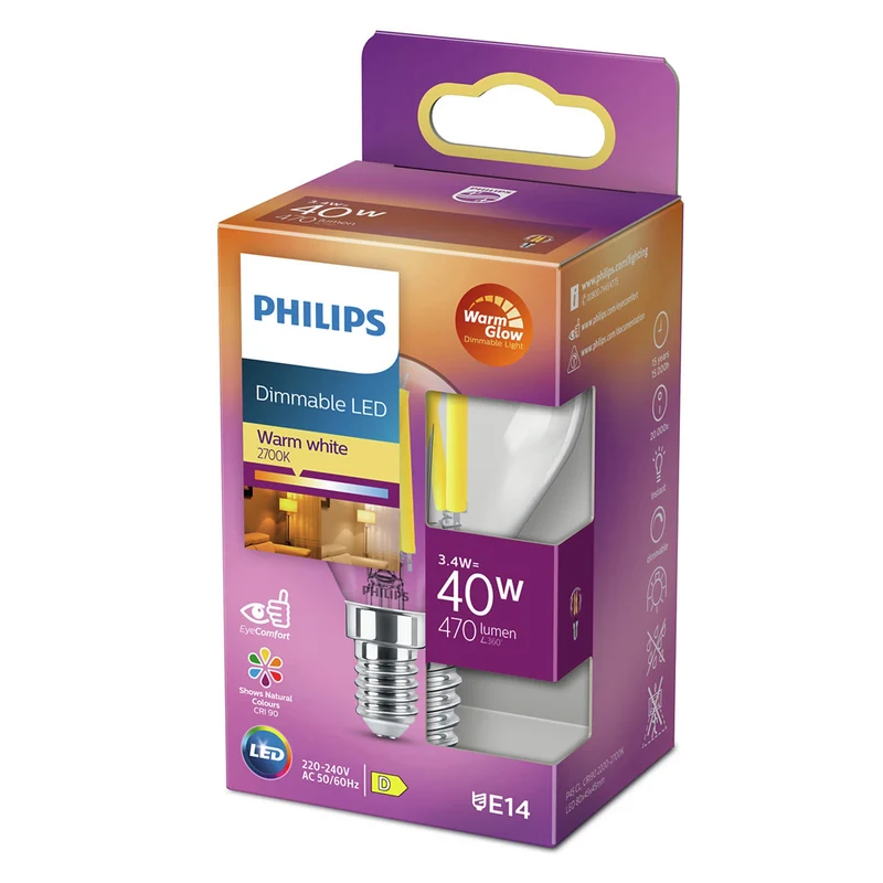 PHILIPS - Light Bulb - E14 - 40 W - 470 Lumen - 2200 K - 2700 K - Bright - Bulb - Warm Glow