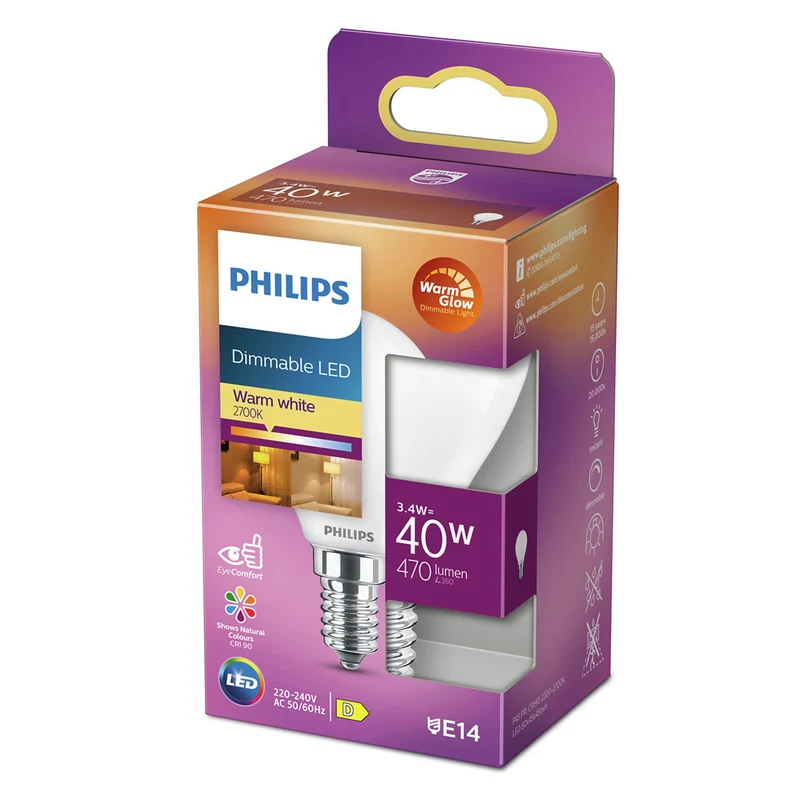 PHILIPS - Light Bulb - E14 - 40 W - 470 Lumen - 2200 K - 2700 K - Frosted - Bulb - Warm Glow
