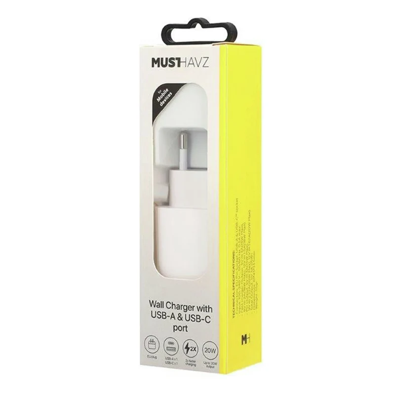 MUSTHAVZ - Chargeur - USB-A + câble USB-C - 20 W - Blanc