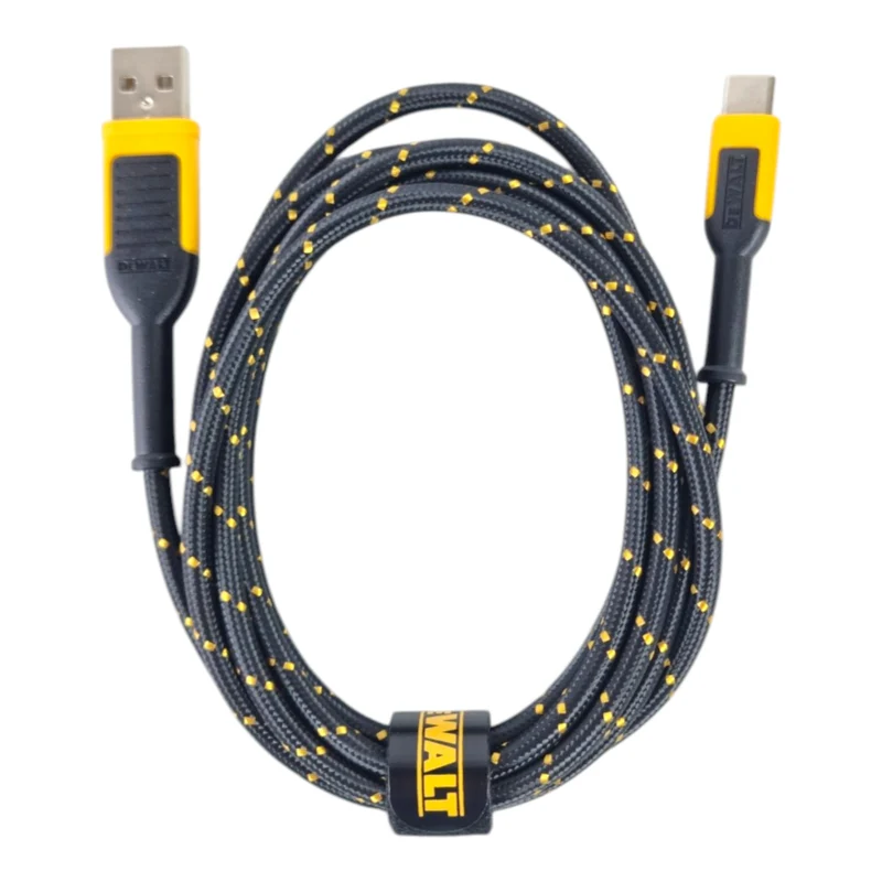 Câble de recharge DeWALT DWT1311361 USB-A vers USB-C, 1,2 m, renforcé et robuste pour les chantiers et les ateliers