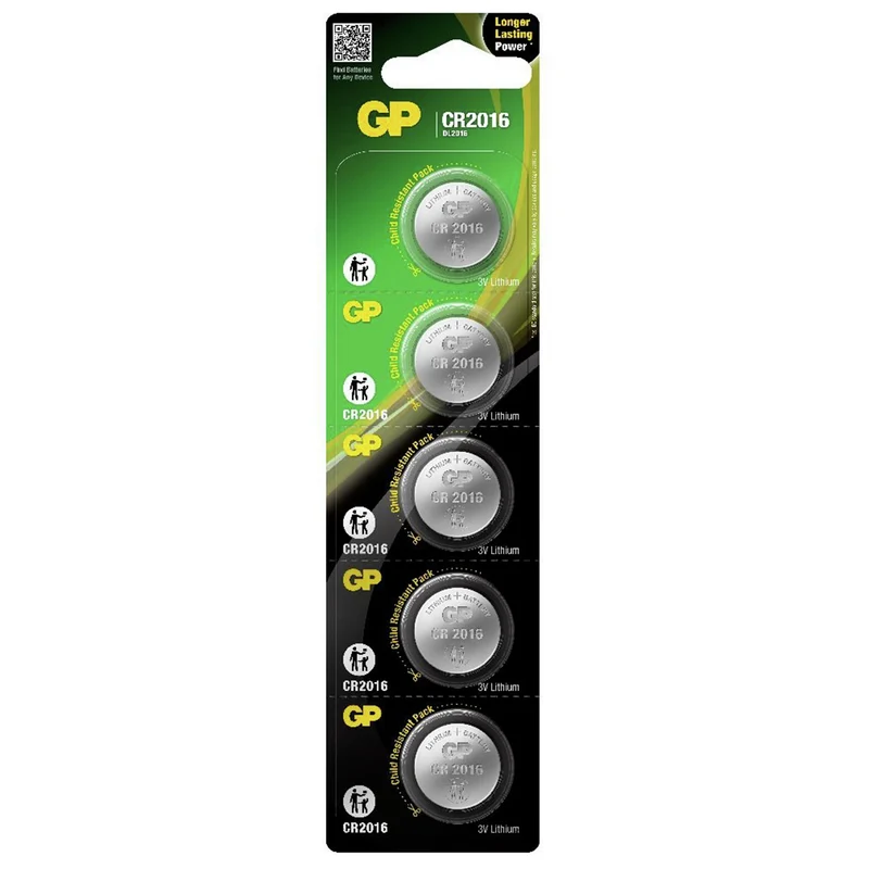 GP Lithium CR2016 - Multipack - 5 Pièces - 3 V - 90 mAh - Cellule bouton