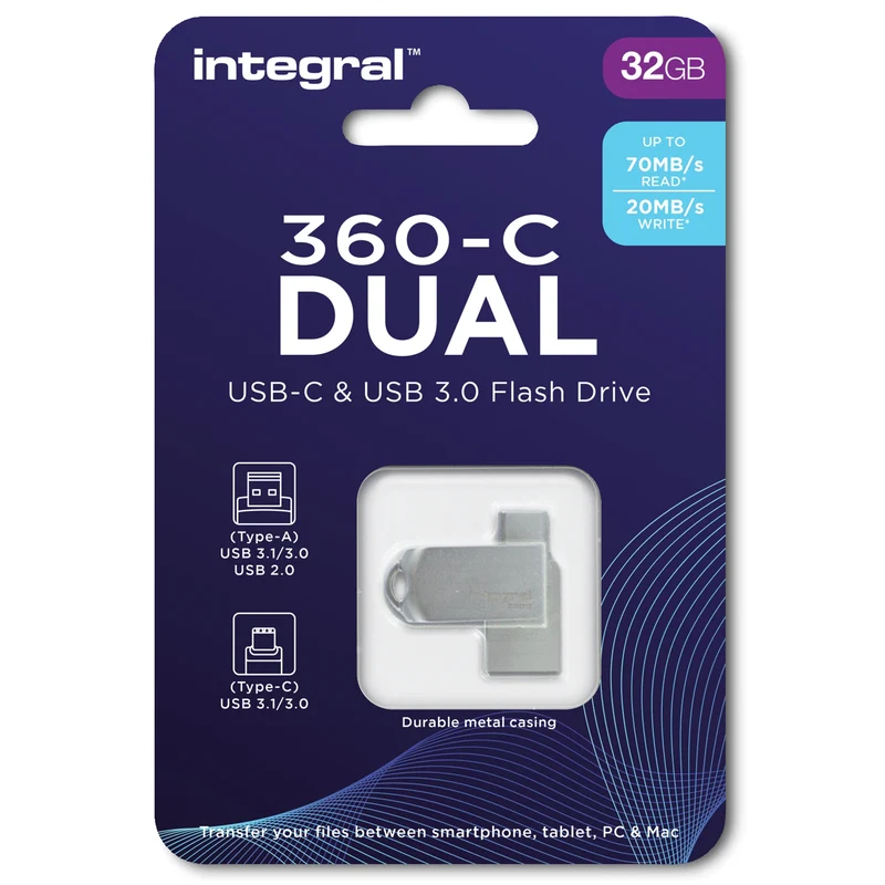 INTEGRAL - Clé USB - 32 GB - Argent - USB-A 3.1/3.0 + USB-C 3.1/3.0