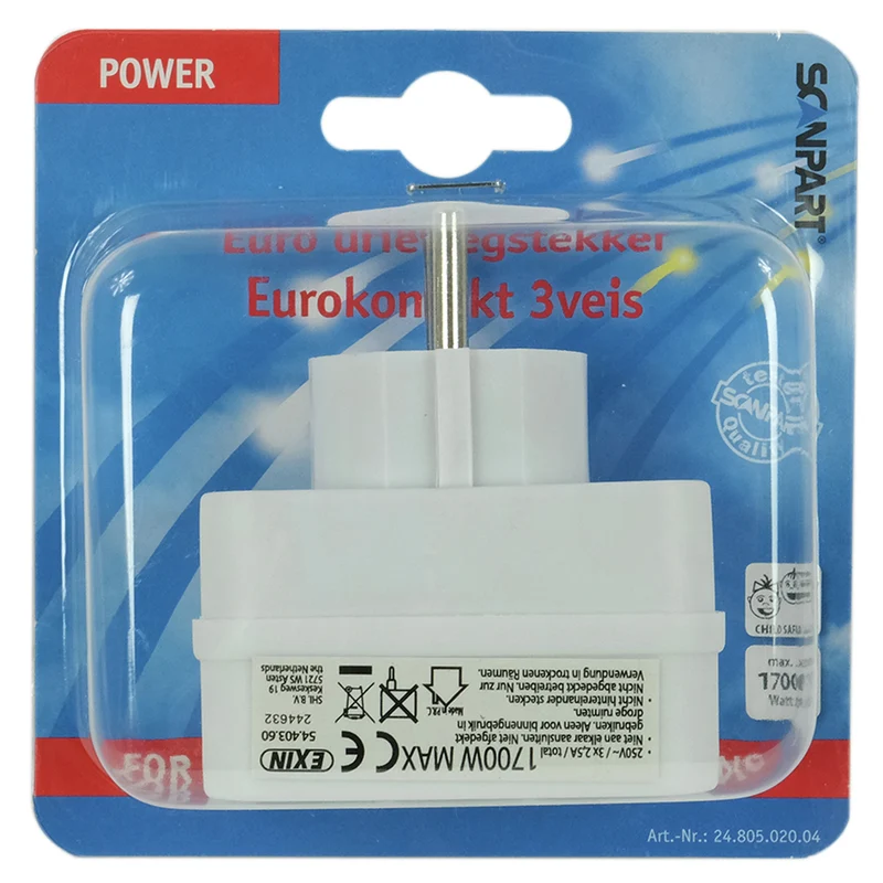 SCANPART - Adaptateur prise - 2 prises UE | 1 prise Euro vers prise UE - Orientation verticale