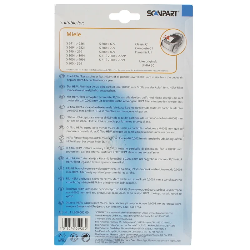 SCANPART Filtre d'échappement SF-HA30 - Suitable for Miele H12|AirClean