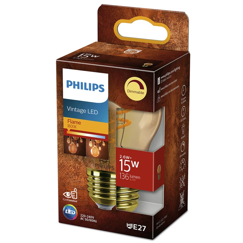 PHILIPS - Vintage Led - E27 - 15 W - 136 Lumen - 1800 K - Flame - Bulb