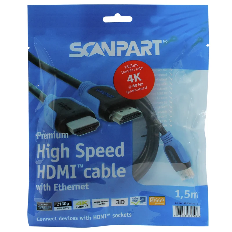 SCANPART - Câble HDMI - 4K|Ultra HD|30 Hz|High Speed|Kabelkeur|Ziggo Compatible|ARC HDMI (Mâle) - HDMI (Mâle) - 1,5 m