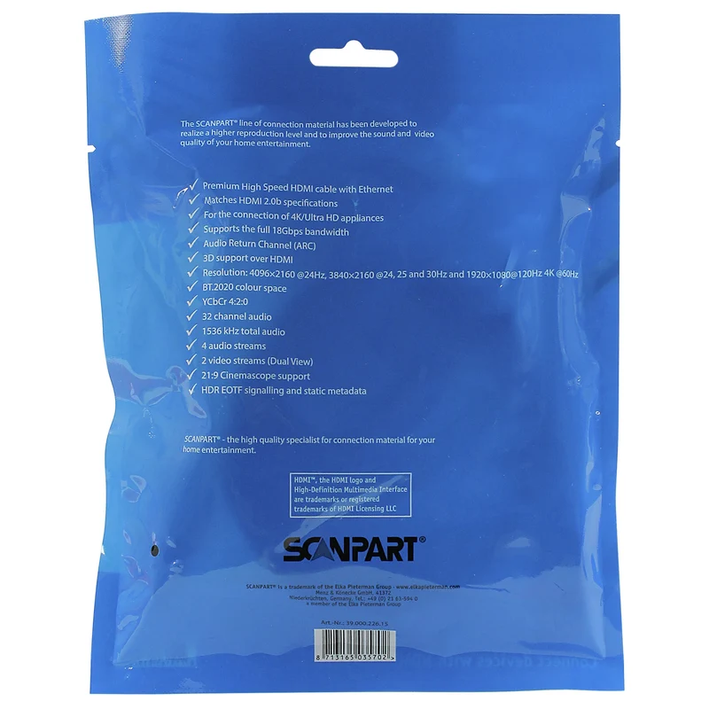 SCANPART - Câble HDMI - 4K|Ultra HD|30 Hz|High Speed|Kabelkeur|Ziggo Compatible|ARC HDMI (Mâle) - HDMI (Mâle) - 1,5 m