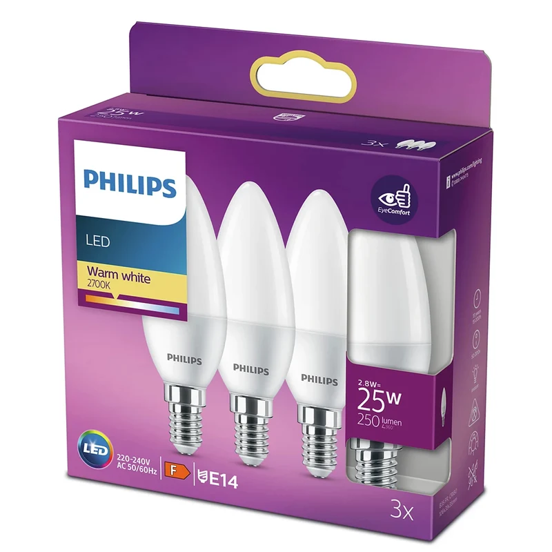 PHILIPS - Light Bulb - E14 - 25 W - 250 Lumen - 2700 K - Frosted - Candle - Multipack
