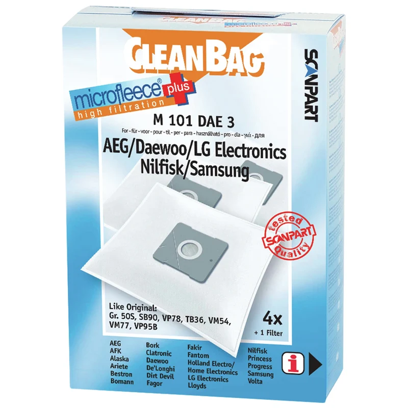 CLEANBAG M101DAE-3 - 4 Sacs d´aspirateur - 1 Microfiltre - adapté pour Unibag | AEG | Daewoo | LG | Nilfisk | Samsung Unibag | GR505 | SB90 | VP78 | TB36 | VM54 | VM77 | VP95B