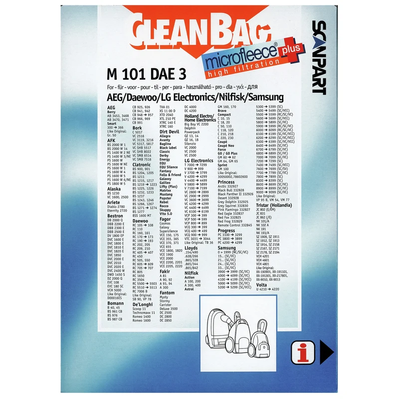 CLEANBAG M101DAE-3 - 4 Sacs d´aspirateur - 1 Microfiltre - adapté pour Unibag | AEG | Daewoo | LG | Nilfisk | Samsung Unibag | GR505 | SB90 | VP78 | TB36 | VM54 | VM77 | VP95B