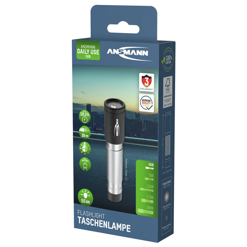 ANSMANN - Lampe torche - 50B - 55 lumens - Noir + Argent - 1 pile AAA