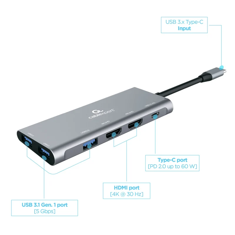 CABLEXPERT - Station d'accueil - USB 3.1|4K|60Hz|Ultra HD|PD USB-C (Mâle) - 3 x USB-A (Femelle) + 2 x HDMI (Femelle) + 1 x USB-C (Femelle) - 0,15 m