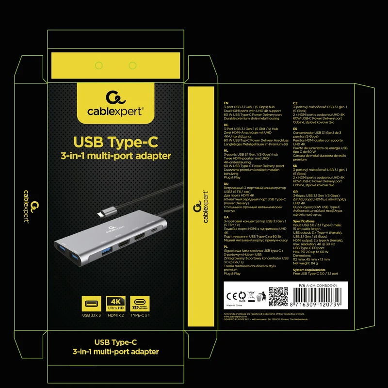 CABLEXPERT - Station d'accueil - USB 3.1|4K|60Hz|Ultra HD|PD USB-C (Mâle) - 3 x USB-A (Femelle) + 2 x HDMI (Femelle) + 1 x USB-C (Femelle) - 0,15 m