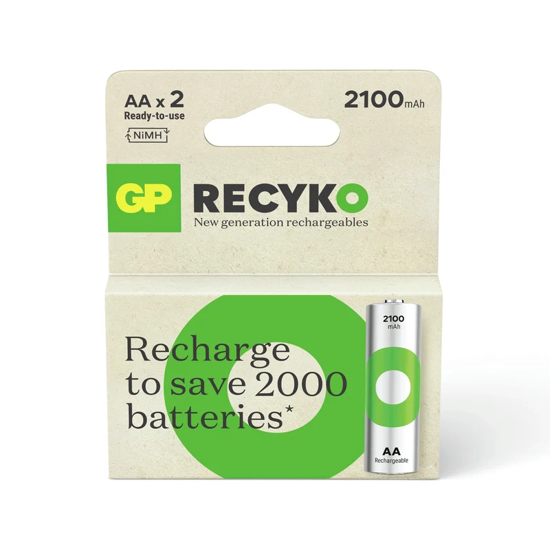 GP NiMH - Recyko AA | HR6 - Multipack - 2 Pièces - 1.2 V - 2100 mAh - Rechargeable Batterie