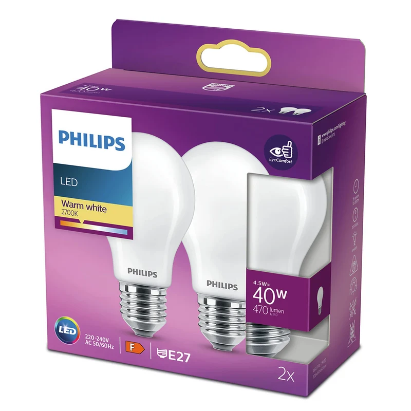 PHILIPS - Light Bulb - E27 - 40 W - 470 Lumen - 2700 K - Frosted - Bulb - Duo Pack