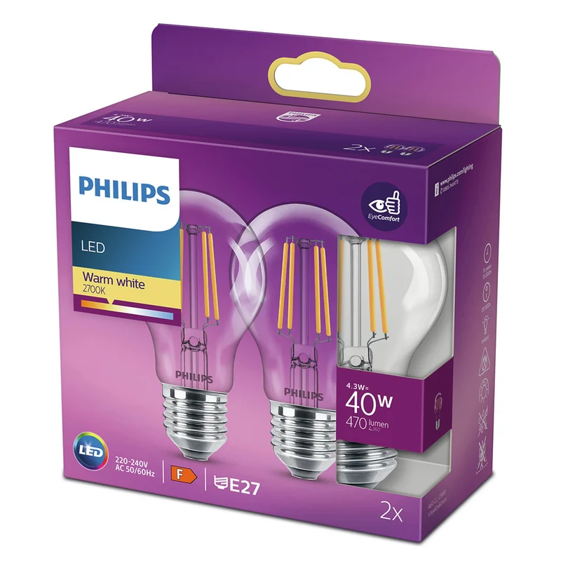 PHILIPS - Light Bulb - E27 - 40 W - 470 Lumen - 2700 K - Bright - Bulb - Duo Pack