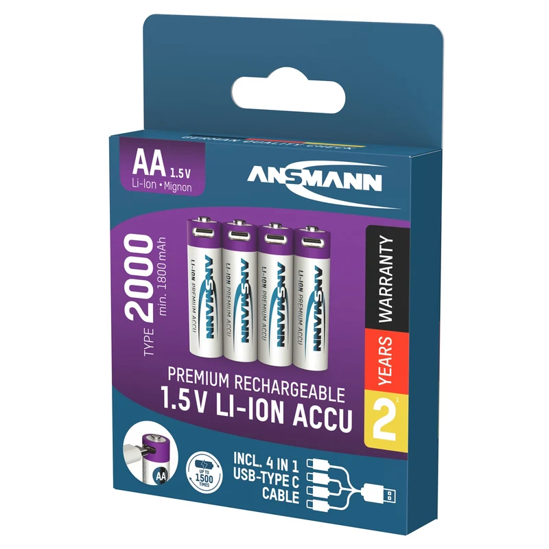 ANSMANN Li-Ion - USB-C AA | HR6 - Multipack - 4 Pièces - 1.5 V - 2000 mAh - Rechargeable Batterie