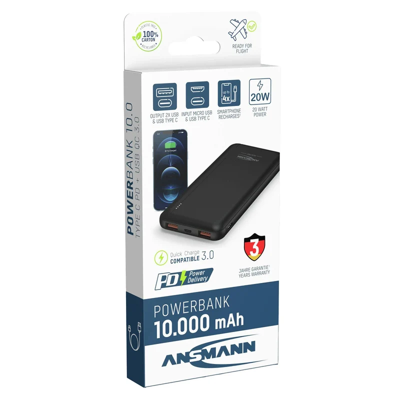 ANSMANN - Banque de puissance - PB320PD - Noir - 10000mAh - 1x USB-C|2x USB-A (F)