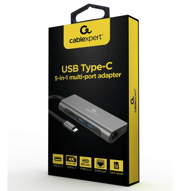 CABLEXPERT - Station d'accueil - USB 3.1|4K|60Hz|Ultra HD|PD USB-C (Mâle) - 2 x USB-A (Femelle) + HDMI (Femelle) + USB-C (Femelle) + RJ45 + Micro-SD + SD - 0,15 m