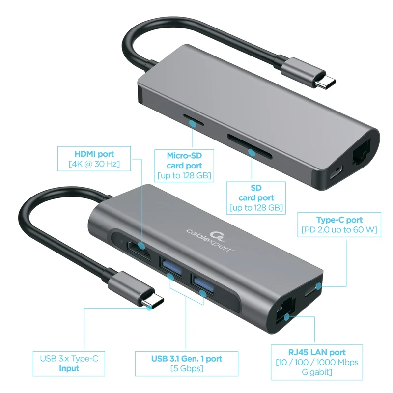 CABLEXPERT - Station d'accueil - USB 3.1|4K|60Hz|Ultra HD|PD USB-C (Mâle) - 2 x USB-A (Femelle) + HDMI (Femelle) + USB-C (Femelle) + RJ45 + Micro-SD + SD - 0,15 m